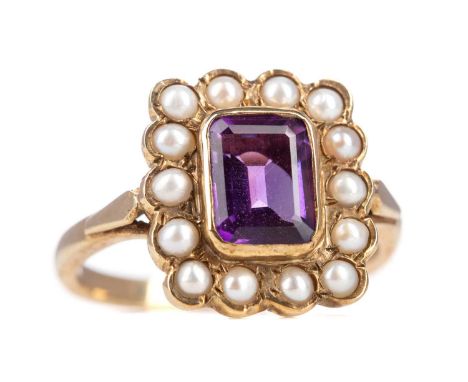 AMETHYST AND PEARL RING,the faceted amethyst within a halo of seed pearls, in nine carat gold, size O, 4.1g