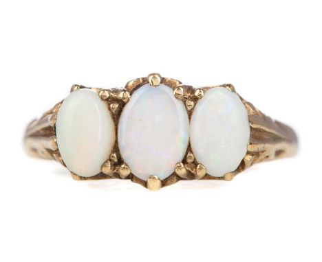 OPAL THREE STONE RING,in nine carat gold, size N 1/2, 2.6g