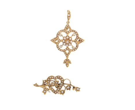SEED PEARL PENDANT AND BROOCH,each marked for nine carat gold, 8.3g gross (2)Heart bar brooch 40mm long.&nbsp;Pendant 50mm lo