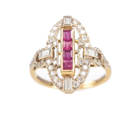 RUBY AND DIAMOND RING,the central row of rubies flanked by baguette cut diamonds, to a diamond set border, in eighteen carat 