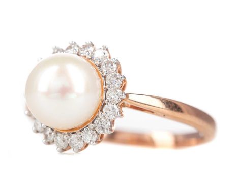 PEARL AND DIAMOND RING,the spherical pearl within a halo of round brilliant cut diamonds, marked 375 rose gold, size M 1/2, 3