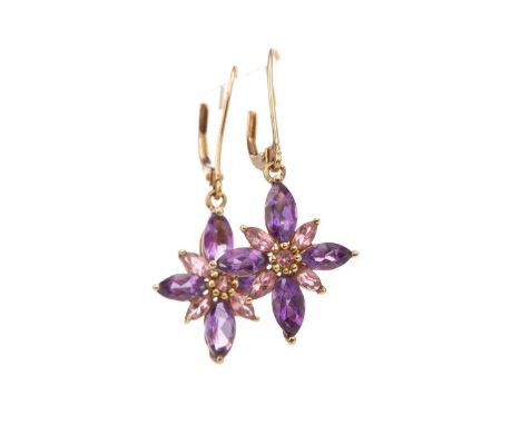 TREATED RUBY AND PINK GEM SET RING,in nine carat gold, size P 1/2, along with a pair of amethyst and pink gem set earrings, a