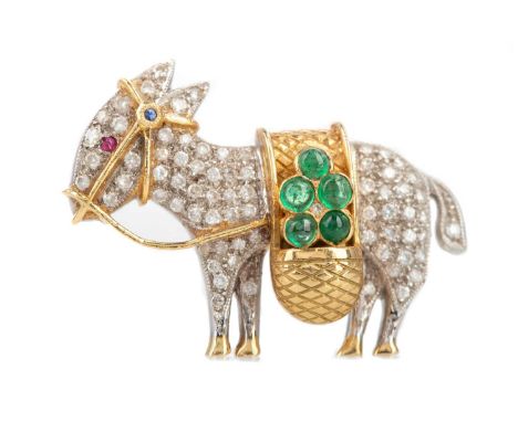 DIAMOND AND GEM SET DONKEY BROOCH,of realistic form, with ruby eye and cabochon emerald decoration 29mm long, signed Hennell 