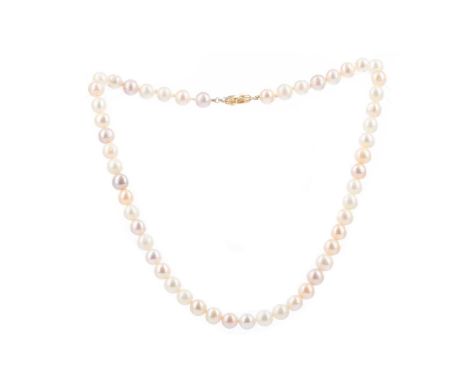 STRING OF COLOURED PEARLS,comprising cream, light peach and light pink pearls, with eighteen carat gold clasp