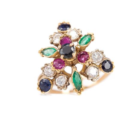 SAPPHIRE, RUBY, EMERALD AND DIAMOND DRESS RING,set with round sapphires, rubies and diamonds and marquise shaped emeralds, to