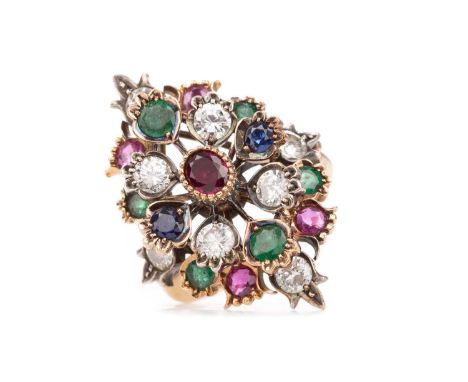 SAPPHIRE, RUBY, DIAMOND AND EMERALD SPRAY RING,set with round sapphires, rubies, diamonds and emeralds, the diamonds totallin