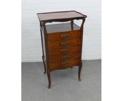 Edwardian mahogany music cabinet with Art Nouveau brass handles and five drawers, with Banks &amp; Co Stationers label, 56 x 