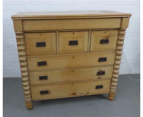 Pine Scotch chest with a single long drawer over three short and two long, with Art Nouveau style handles 126 x 122 x 53cm 