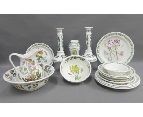 Quantity of Portmeirion Botanic Garden pottery to include a jug and basin, vase and pair of candlesticks together with plates