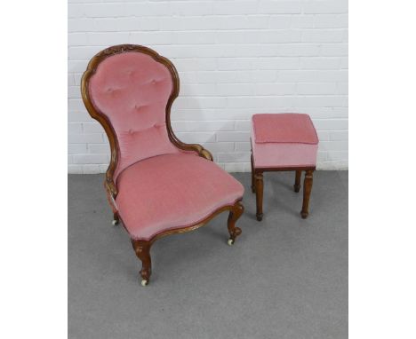 Late 19th century ladies walnut chair with exposed carved frame and pink button back upholstery, on ceramic castors, together