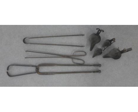 Collection of iron items to include tongs, rush light holders, etc (a lot) 
