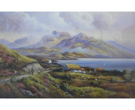 Highland scene, a large coloured print, in a glazed and gilt frame, size overall 106 x 77cm 