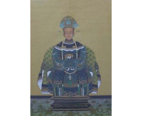 Chinese portrait painting of an Ancestor, circa late 19th / early 20th century, ink and colour on silk, framed under glass, 6