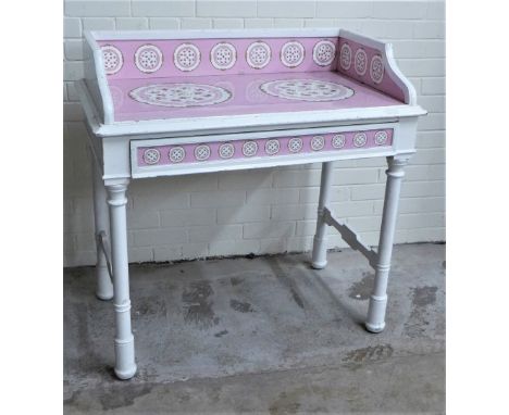 Washstand, white painted, with a pink floral pattern ceramic top, 98 x 98 x 58 