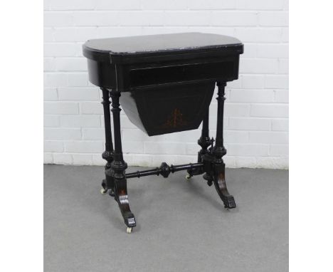 Victorian ebonised sewing / games table, the foldover top opening to reveal a chess board, backgammon and cribbage, with a pu