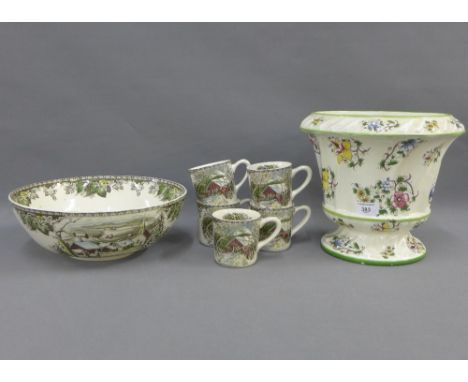 Johnson Brothers 'Friendly village' pattern bowl and set of five matching mugs, and a pottery planter (7) 