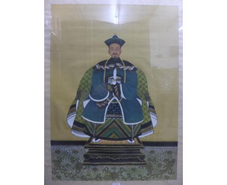 Chinese portrait painting of an Ancestor, circa late 19th / early 20th century, ink and colour on silk, framed under glass, 7