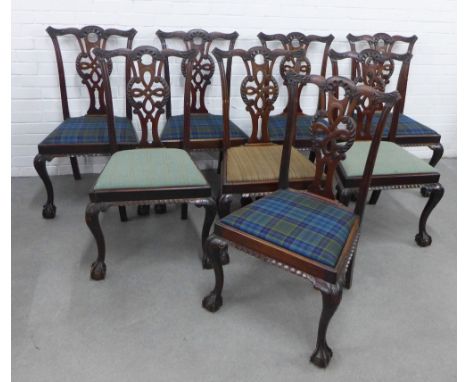 Set of eight mahogany Chippendale style chairs, with carved top rials, interlaced splat back and slip in upholstered seats, o
