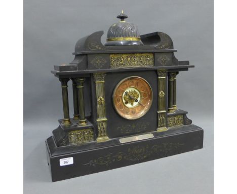 Victorian large black slate mantle clock, 57 x 50cm 