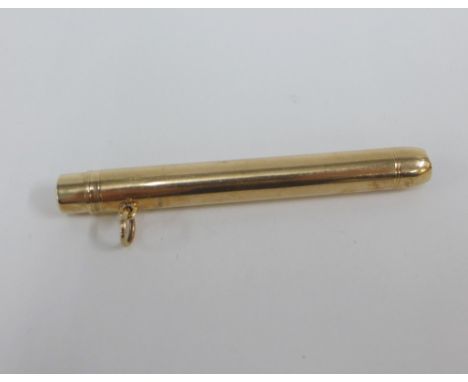 9ct gold pencil holder with push button action to one end, with a suspension loop, stamped 9ct EB, 8cm long 