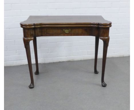 19th century foldover games table, with green baize playing surface and dished coin / counter corners, on cabriole legs with 