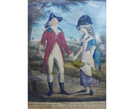 'Palemon &amp; Lavinia' an 18th century coloured print, framed under glass, 12 x 15cm