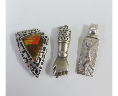 Vintage silver and enamel brooch / pendant together two others, one in the form of a hand (3)