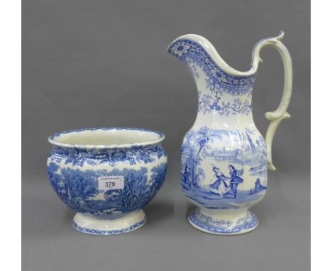 19th century Staffordshire blue and white transfer printed wares to include a Bells Bohemia pattern jug, 32cm high, and a Dav