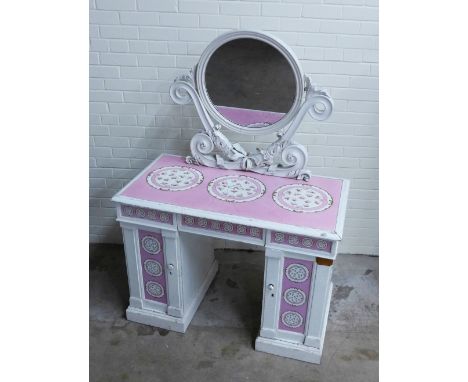 Dressing table, white painted, with a pink floral pattern ceramic top (cracked),146 x 112 x 62cm 