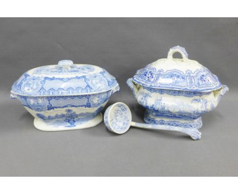 19th century Staffordshire blue and white transfer printed wares to include Syria pattern soup tureen, Copeland Spode Seasons