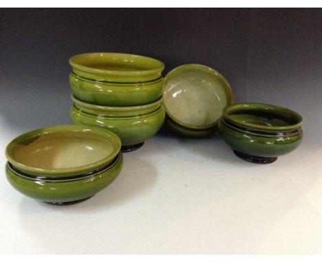 A Bretby circular planter, flared shoulder, spreading base, glazed in tones of dark and light green, 20.5cm diam, impressed m