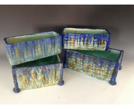 A Bretby trough-shaped planter, tree trunk pilasters, glazed in merging tones of cobalt blue, light blue and green, 10cm high