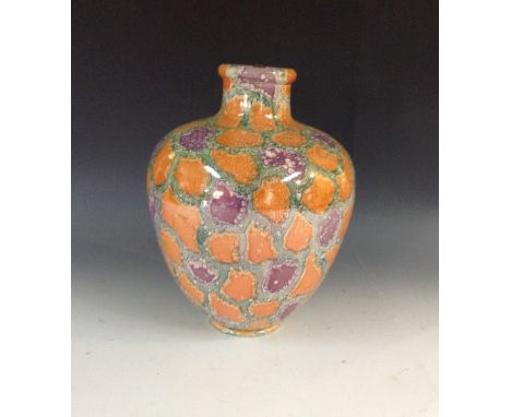 A Bretby Calpih ware table lamp, lustred in tones of purple, orange and green, 27cm high, impressed marks, c. 1930
