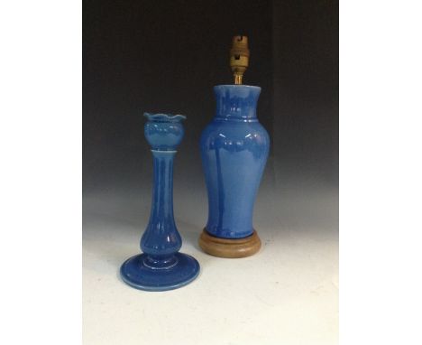 A Bretby inverted baluster table lamp, of Chinese form, glazed in blue, 34cm high overall; a Bretby baluster candlestick, gla