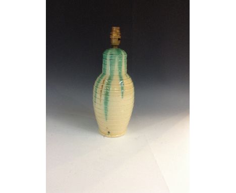 A Bretby Art Deco baluster table lamp, the crackled cream graduating bands painted with azure green, 35cm high, impressed mar