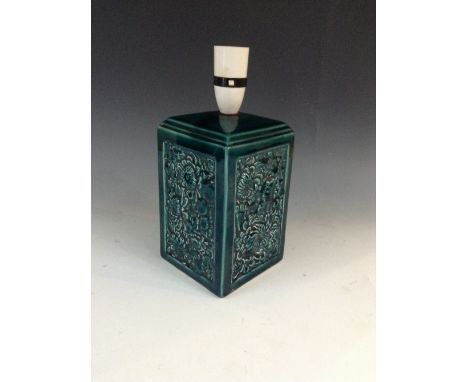A Bretby square dark turquoise table lamp, the panels moulded with bunches of chrysanthemums, 18cm high, c. 1940