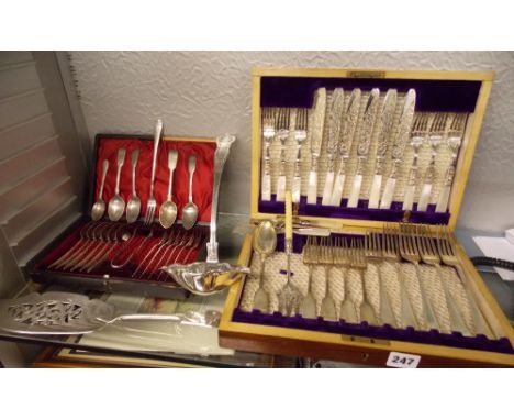 PART CANTEEN OF MOTHER OF PEARL HANDLED CUTLERY,SOME SILVER SPOONS,PLATED FISH SLICE AND LADLE