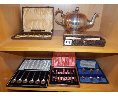 ELECTRO PLATED MELON SHAPED TEAPOT AND CASES OF ELECTRO PLATED CUTLERY