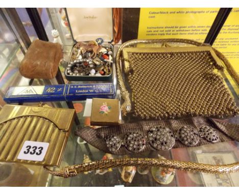 GILT METAL CIGARETTE CASE, CUT THROAT RAZORS, OPERA GLASSES, COMPACT ETC