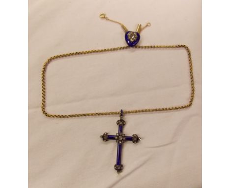 VICTORIAN UNMARKED YELLOW METAL BLUE ENAMEL CROSS AND HEART FASTENER
