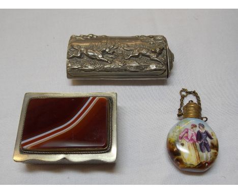 PORCELAIN MOON FLASK PHIAL,METAL AND AGATE SNUFF BOX AND FRENCH METAL VESTA CASE