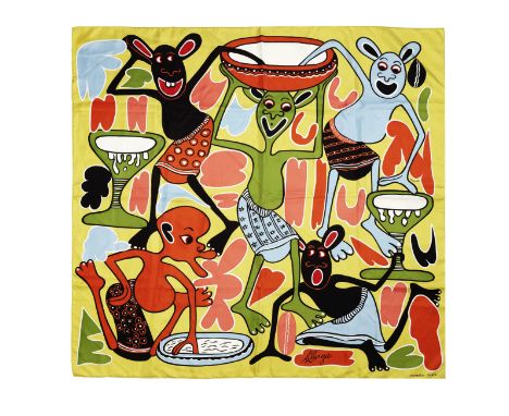 'Lilanga' Silk Scarf,Hermès,Designed by George Lilanga, on golden yellow ground, Condition Grade A-90cm x 90cm For further in