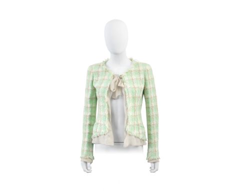 Mint Green Tweed and Silk Jacket,Chanel, Cruise 2004,Green and white tweed with beige chiffon silk trim and neck-tie, Conditi