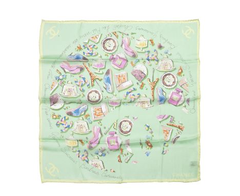 Pastel Green Silk Emblem Scarf,Chanel,Printed with emblems of Chanel and Paris,Condition Grade A58cm x 58cm, Includes cardboa