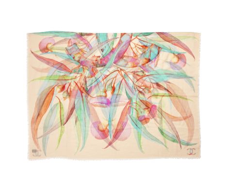 Pink Floral Cashmere Scarf,Chanel,CC print in the centre with watercolour flower motif,Condition Grade A183cm high, 130cm wid