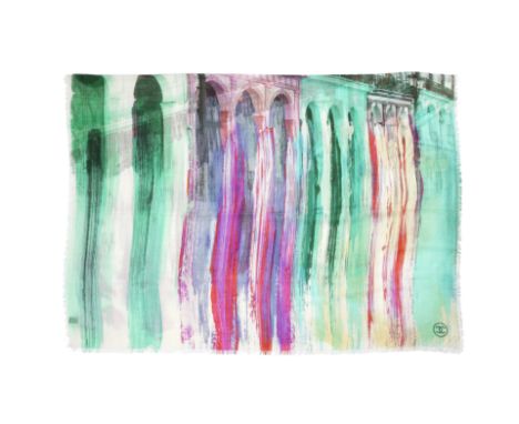 Watercolour Street Print Cashmere Scarf,Chanel,Depicting scenery under bridge and apartments,Condition Grade A183cm high, 130