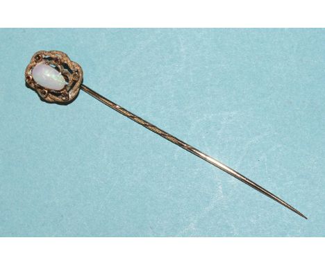 An unmarked gold stickpin claw-set oval opal, within textured surround collet-set six rose-cut diamond points, 3.3g, (in fitt