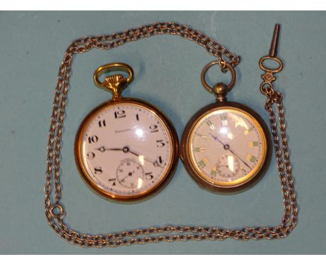 A white-metal-cased key-wind open-face pocket watch, the white enamel dial (fine crack) with two-tone gilt/green Roman numera