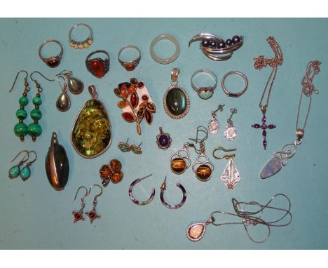 Two opal-set silver rings, two Labradorite pendants and other gem-set jewellery, mainly in 925-silver mounts, 138g. 