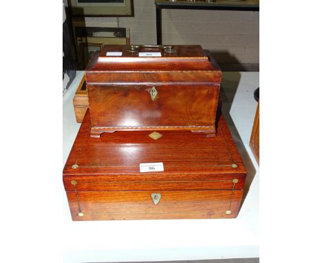 A 19th century mahogany tea caddy, (interior lacking), 22.5cm wide, 15cm high and a mahogany needlework box, (interior lackin